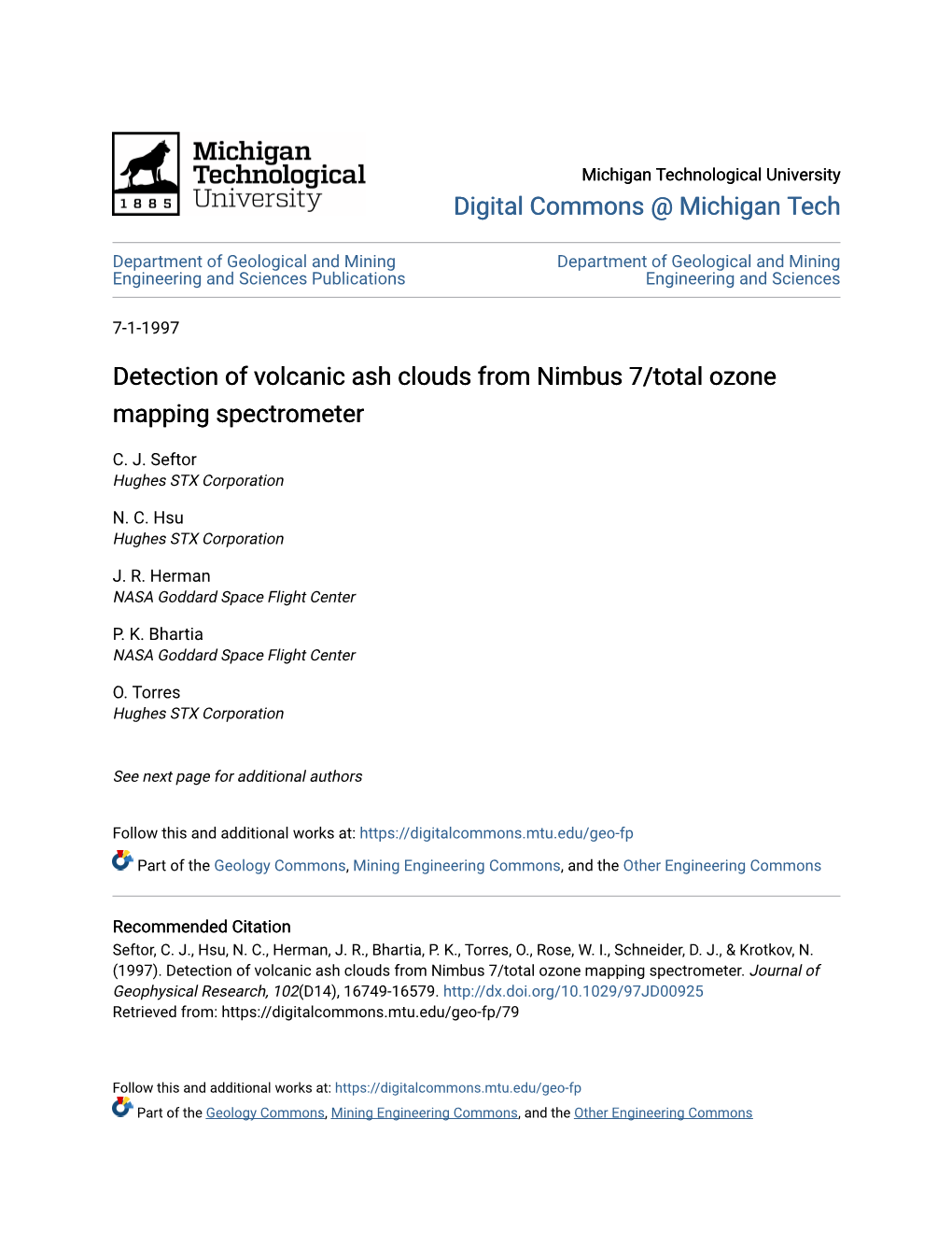 Detection of Volcanic Ash Clouds from Nimbus 7/Total Ozone Mapping Spectrometer