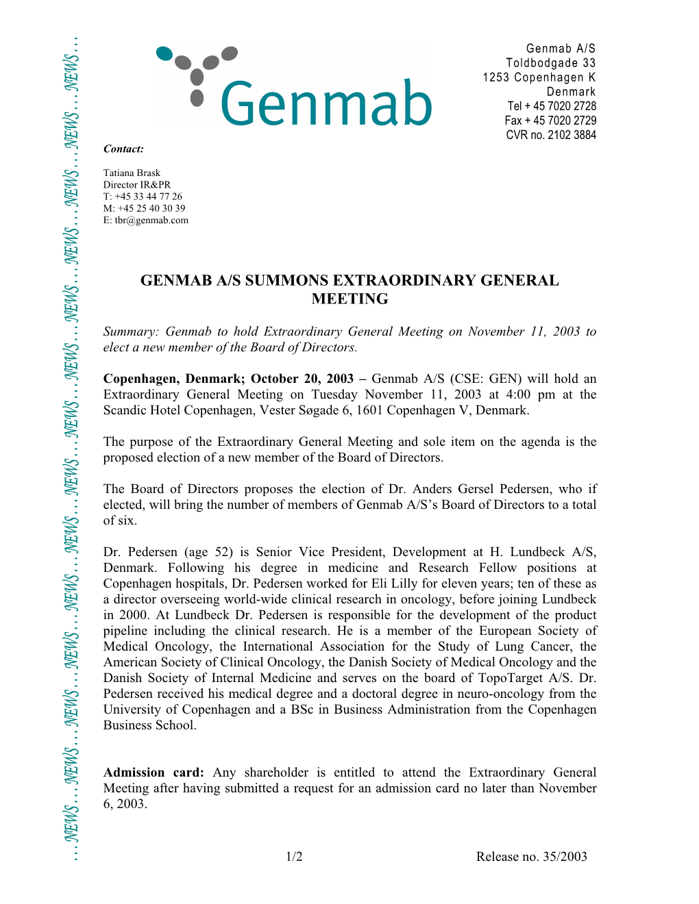 Genmab A/S Summons Extraordinary General Meeting