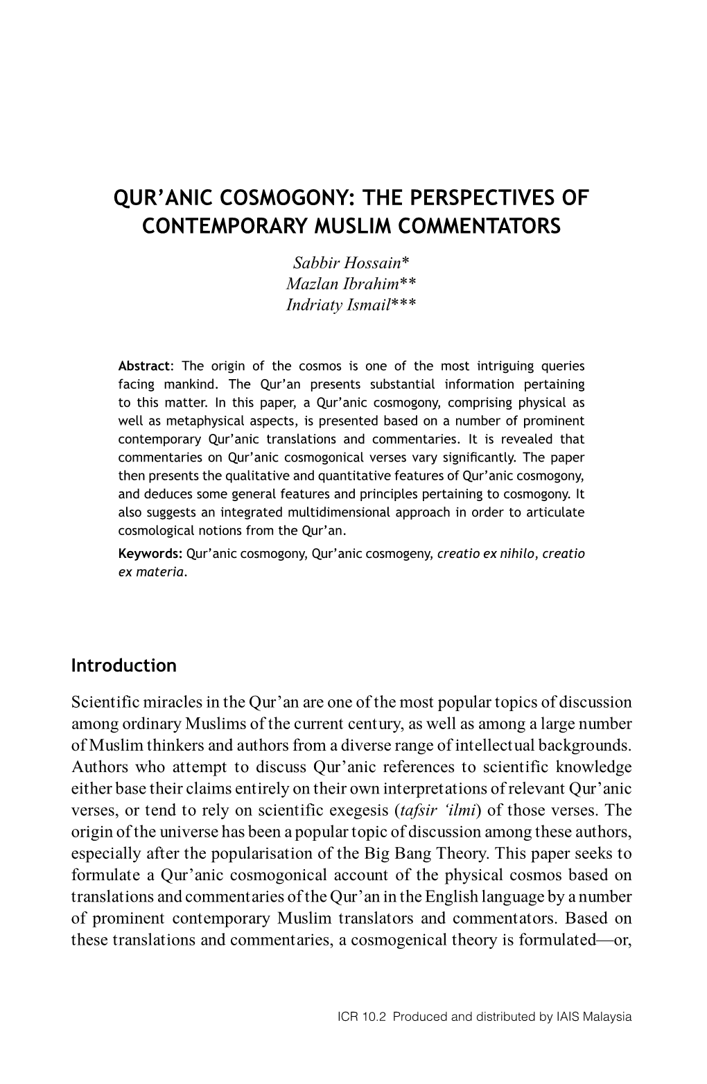 Qur'anic Cosmogony: the Perspectives of Contemporary Muslim