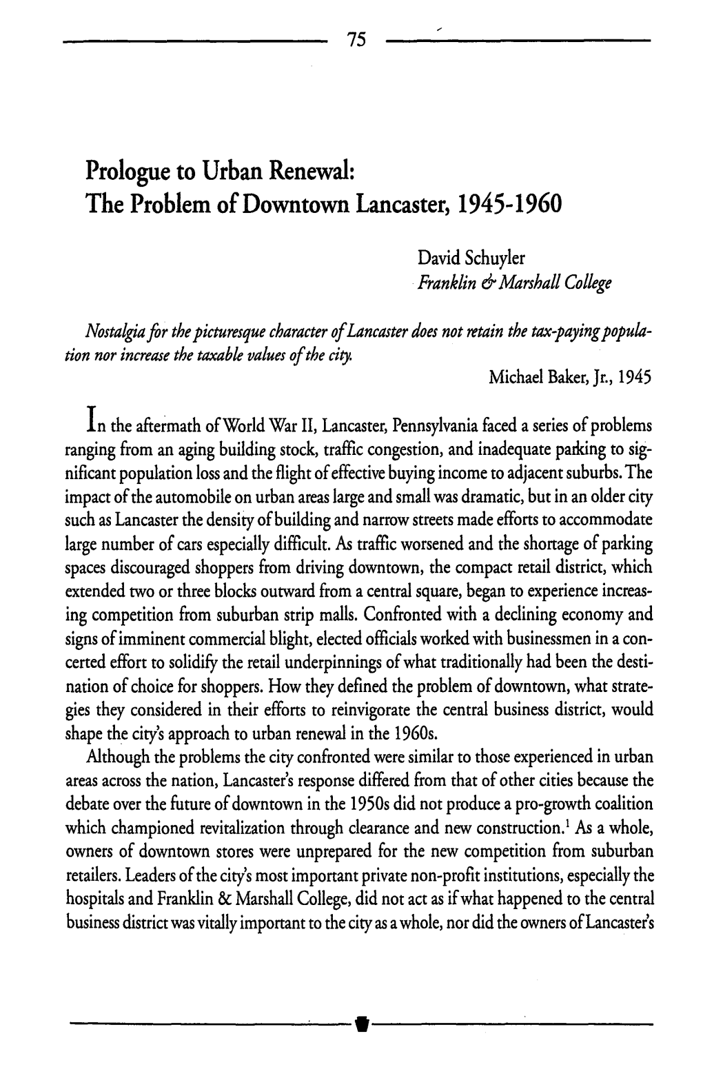 Prologue to Urban Renewal: the Problem of Downtown Lancaster, 1945-1960