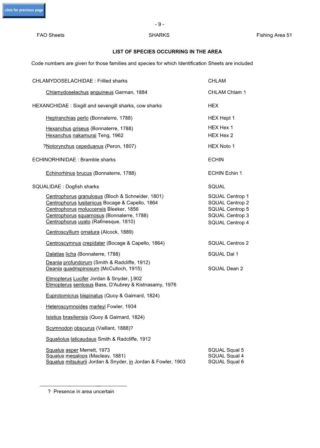 FAO Sheets SHARKS Fishing Area 51 LIST of SPECIES OCCURRING IN