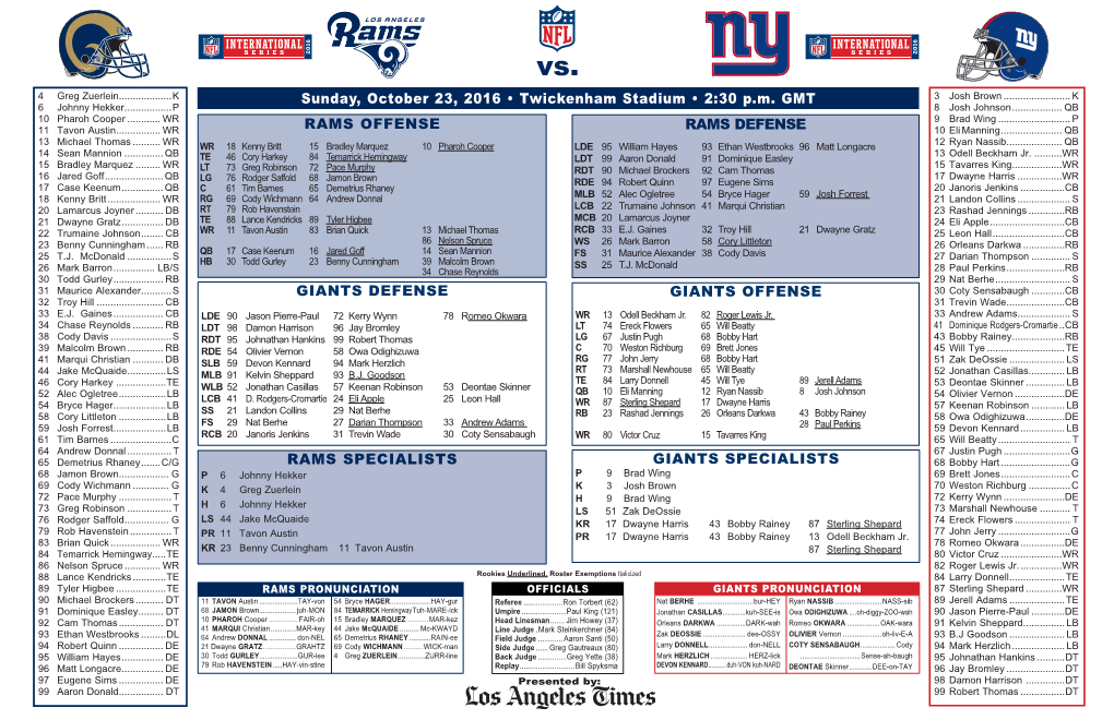 Sunday, October 23, 2016 • Twickenham Stadium • 2:30 P.M. GMT RAMS OFFENSE GIANTS DEFENSE RAMS SPECIALISTS GIANTS OFFENSE GI