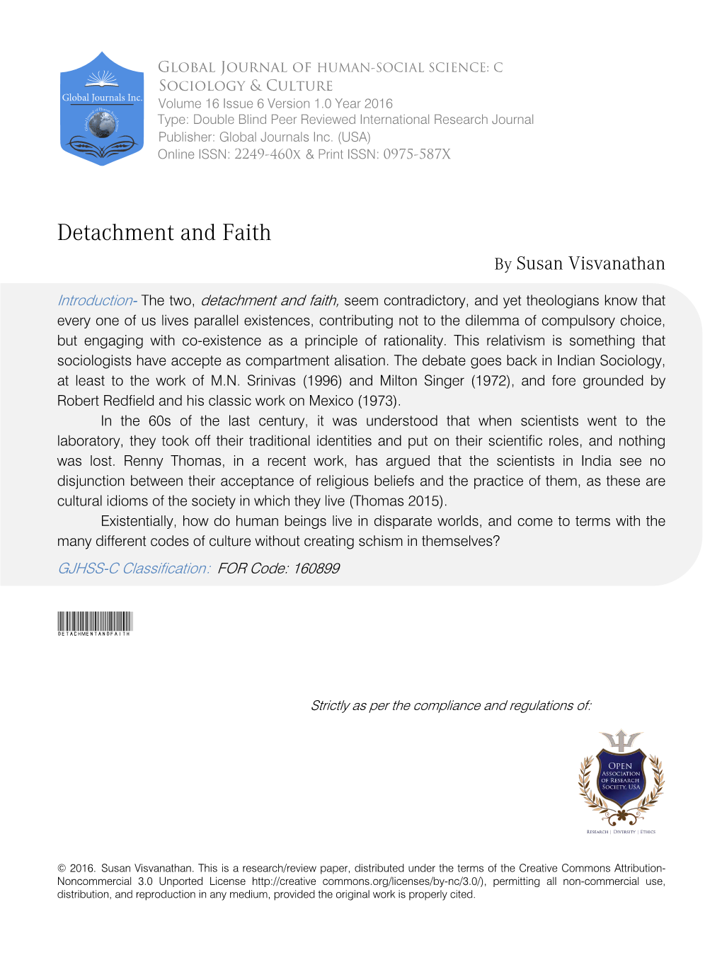 Detachment and Faith by Susan Visvanathan