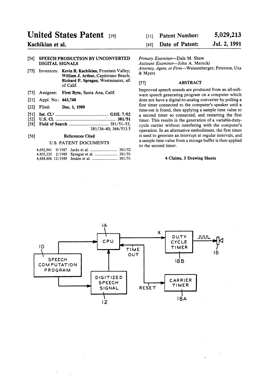 United States Patent (19) 11 Patent Number: 5,029,213 Kachikian Et Al