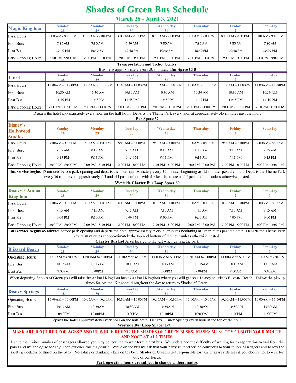 Shades of Green Bus Schedule