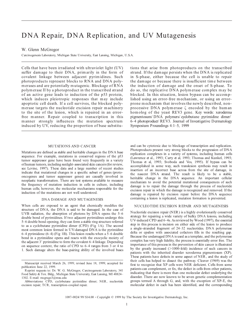 DNA Repair, DNA Replication, and UV Mutagenesis