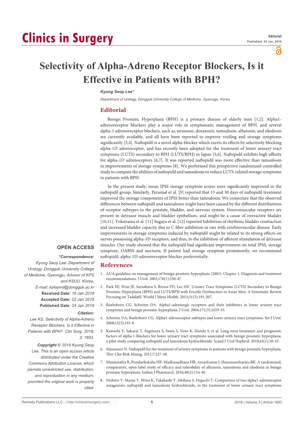 Selectivity of Alpha-Adreno Receptor Blockers, Is It Effective in Patients with BPH?