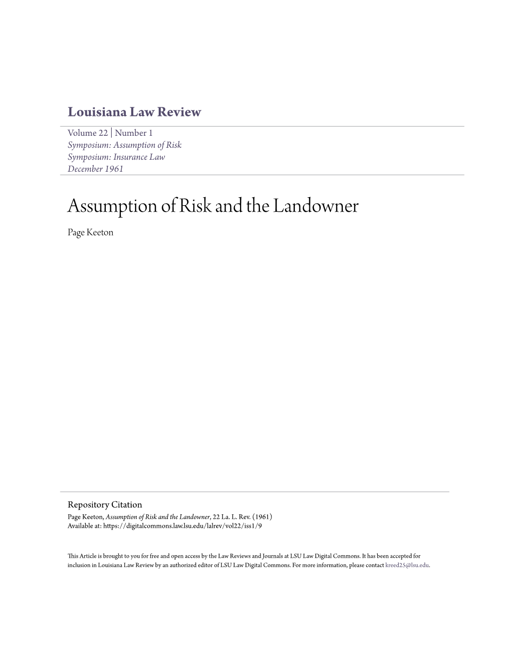 Assumption of Risk and the Landowner Page Keeton