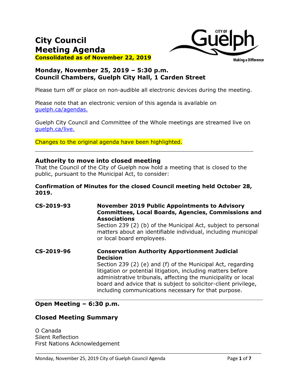 City Council Meeting Agenda Consolidated As of November 22, 2019