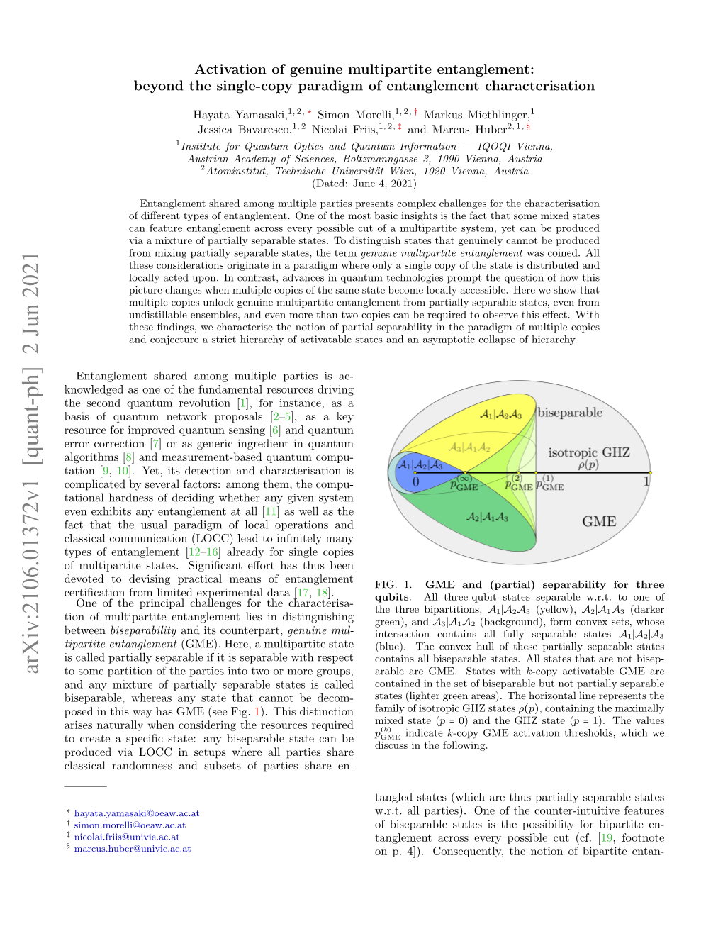 Arxiv:2106.01372V1 [Quant-Ph] 2 Jun 2021 to Some Partition of the Parties Into Two Or More Groups, Arable Are GME