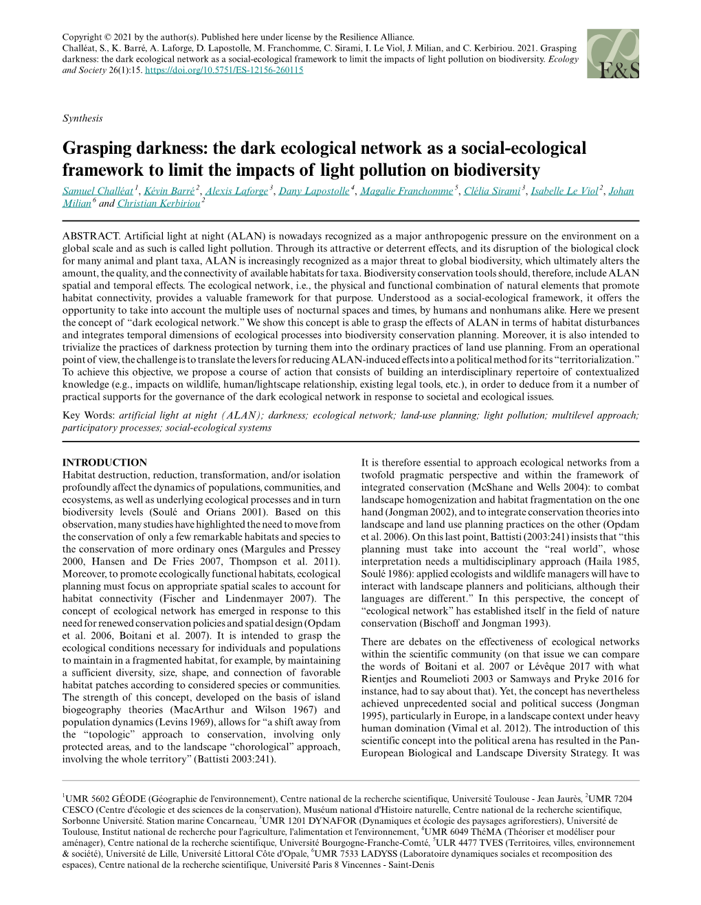 The Dark Ecological Network As a Social-Ecological Framework to Limit the Impacts of Light Pollution on Biodiversity