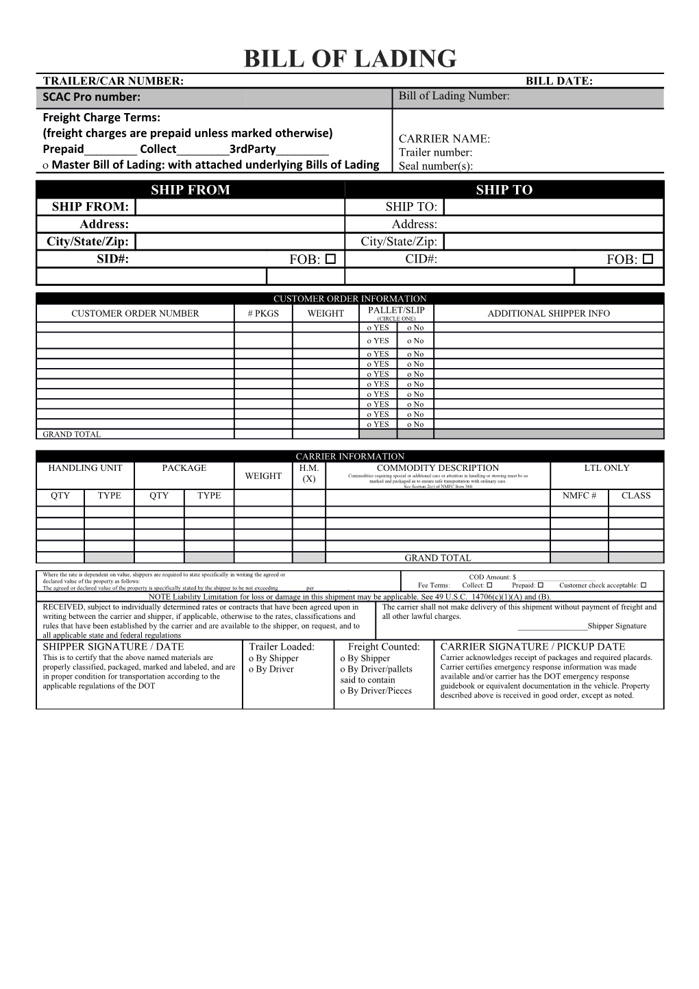 Bill of Lading Form