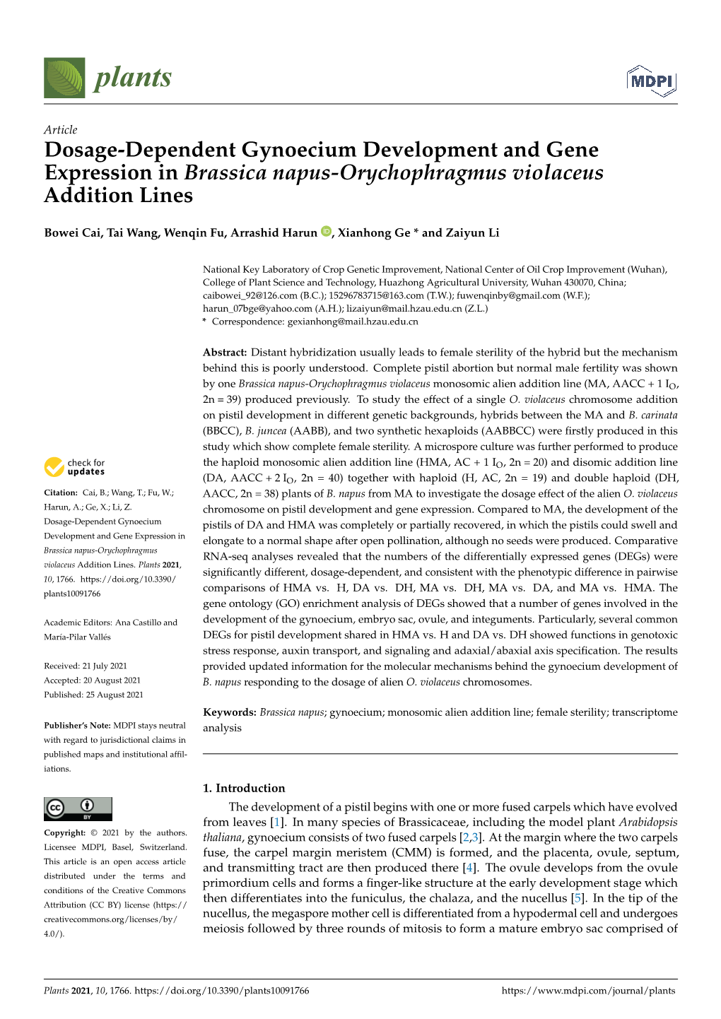 Dosage-Dependent Gynoecium Development and Gene Expression in Brassica Napus-Orychophragmus Violaceus Addition Lines