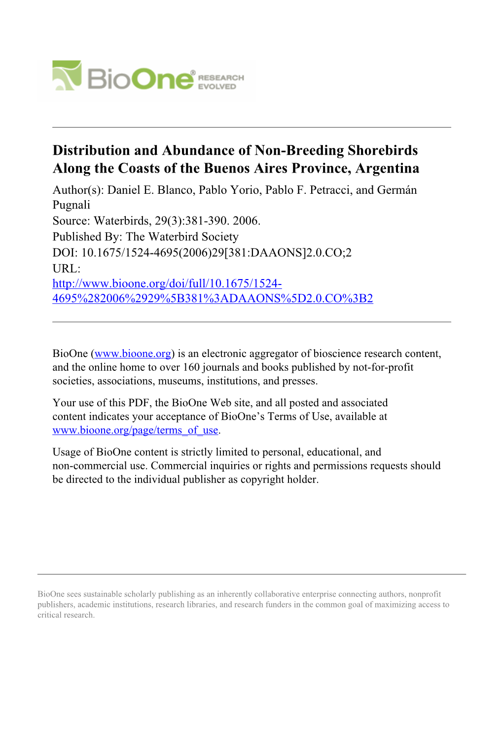 Distribution and Abundance of Non-Breeding Shorebirds Along the Coasts of the Buenos Aires Province, Argentina Author(S): Daniel E