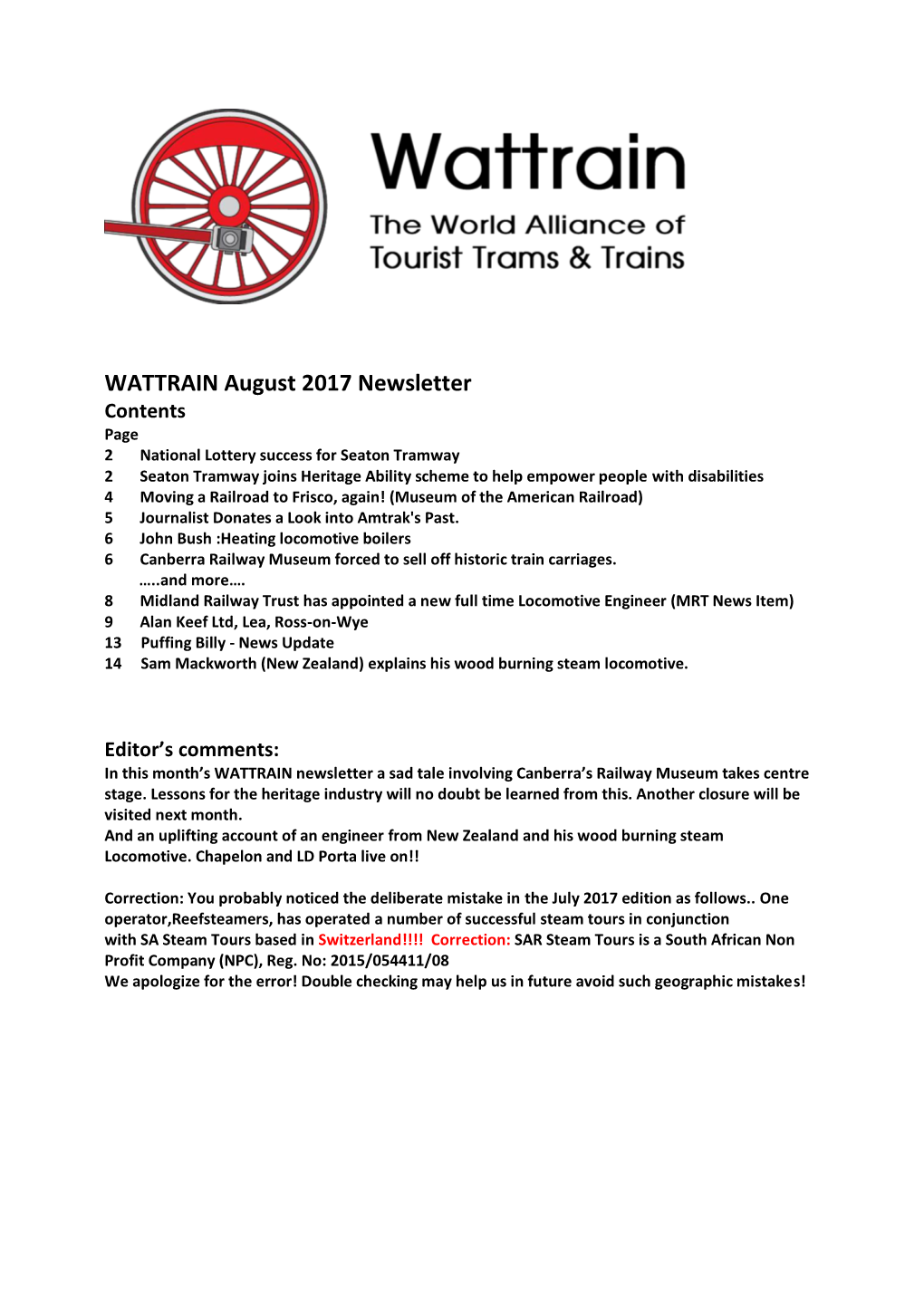 WATTRAIN August 2017 Newsletter