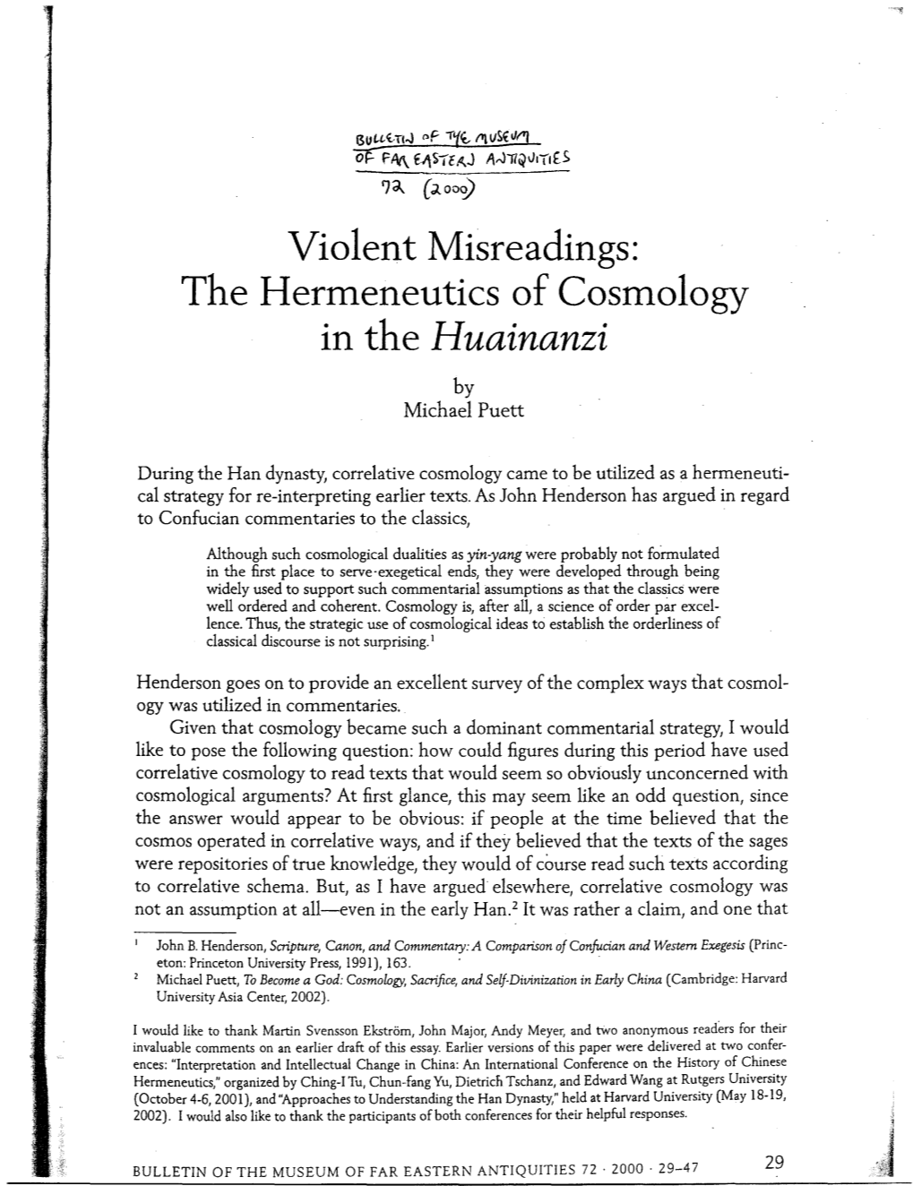 Violent Misreadings: the Hermeneutics of Cosmology in the Huainanzi by Michael Puett