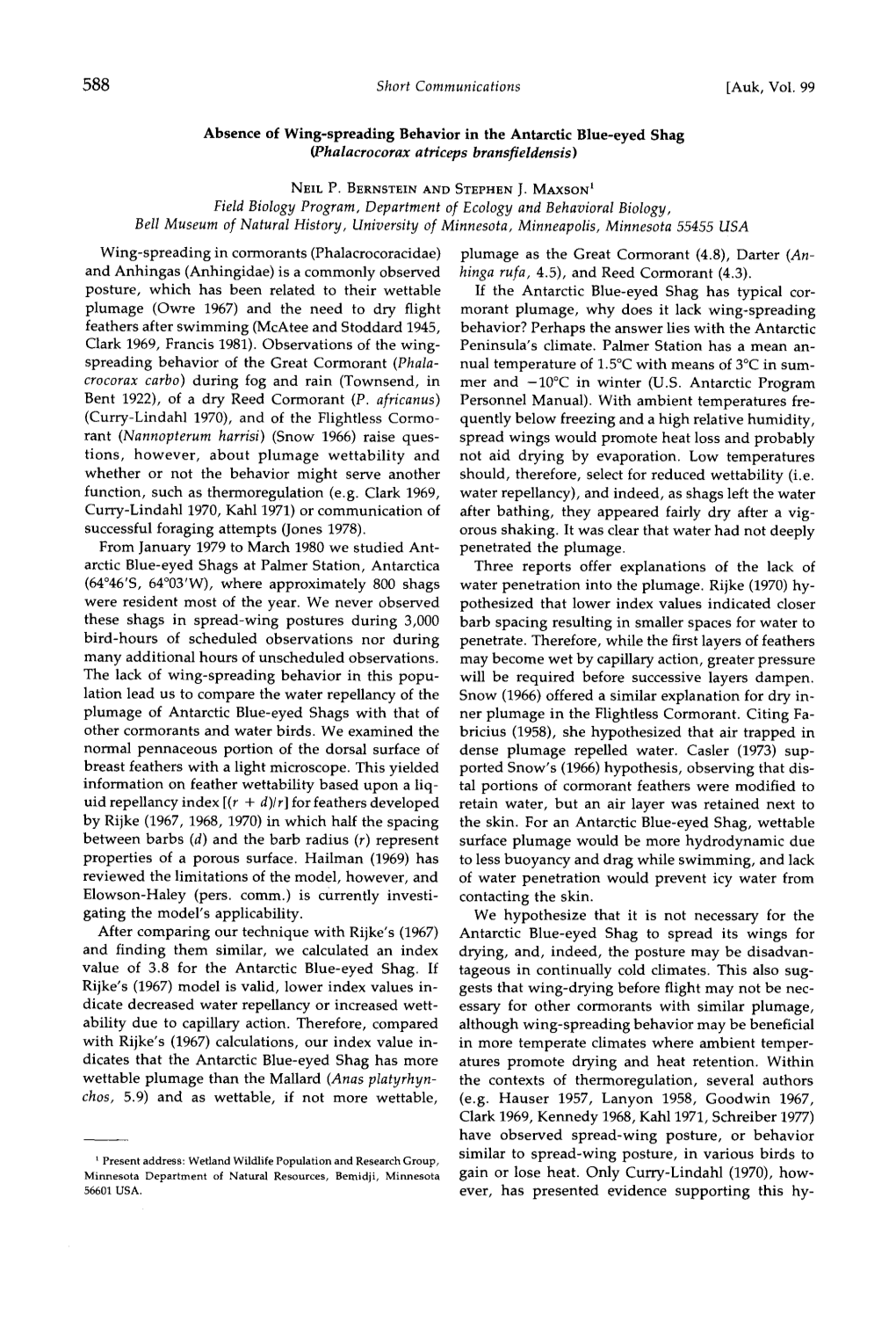 Absence of Wing-Spreading Behavior in the Antarctic Blue-Eyed Shag (Phalacrocorax Atriceps Bransfieldensis)