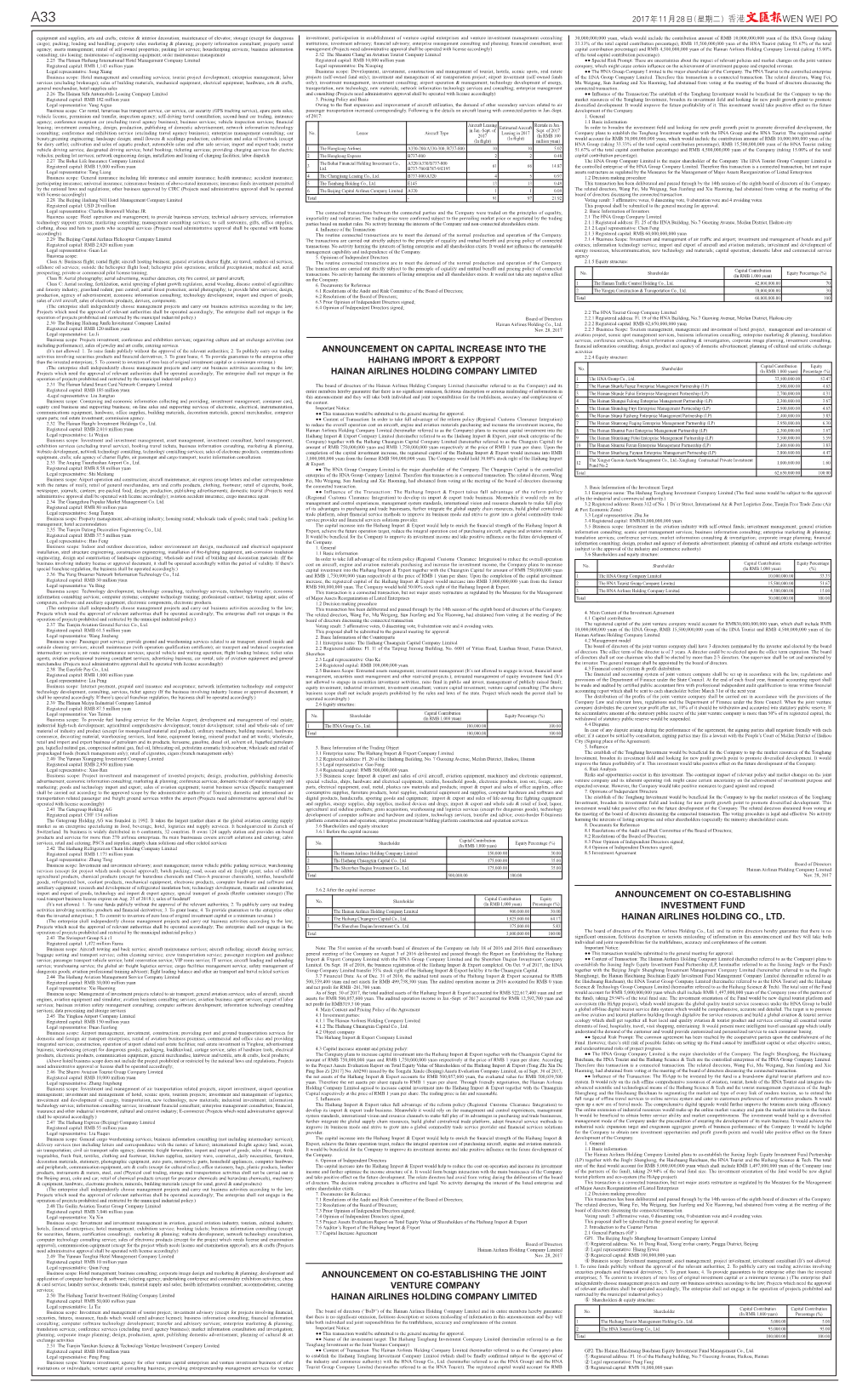 Announcement on Capital Increase Into the Haihang