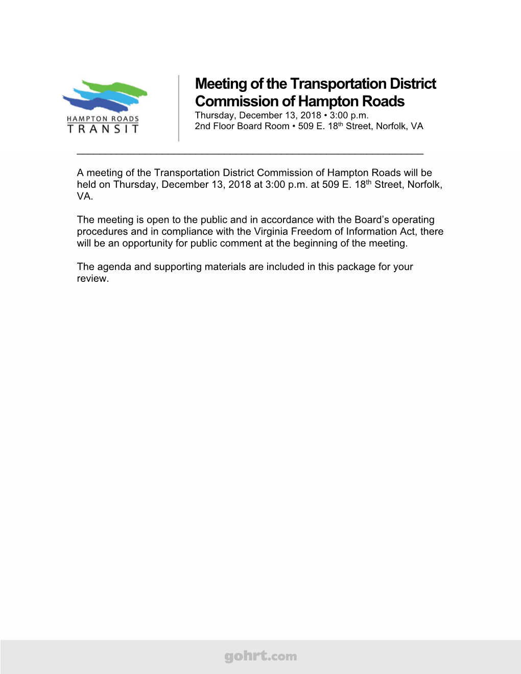 Meeting of the Transportation District Commission of Hampton Roads Thursday, December 13, 2018 • 3:00 P.M