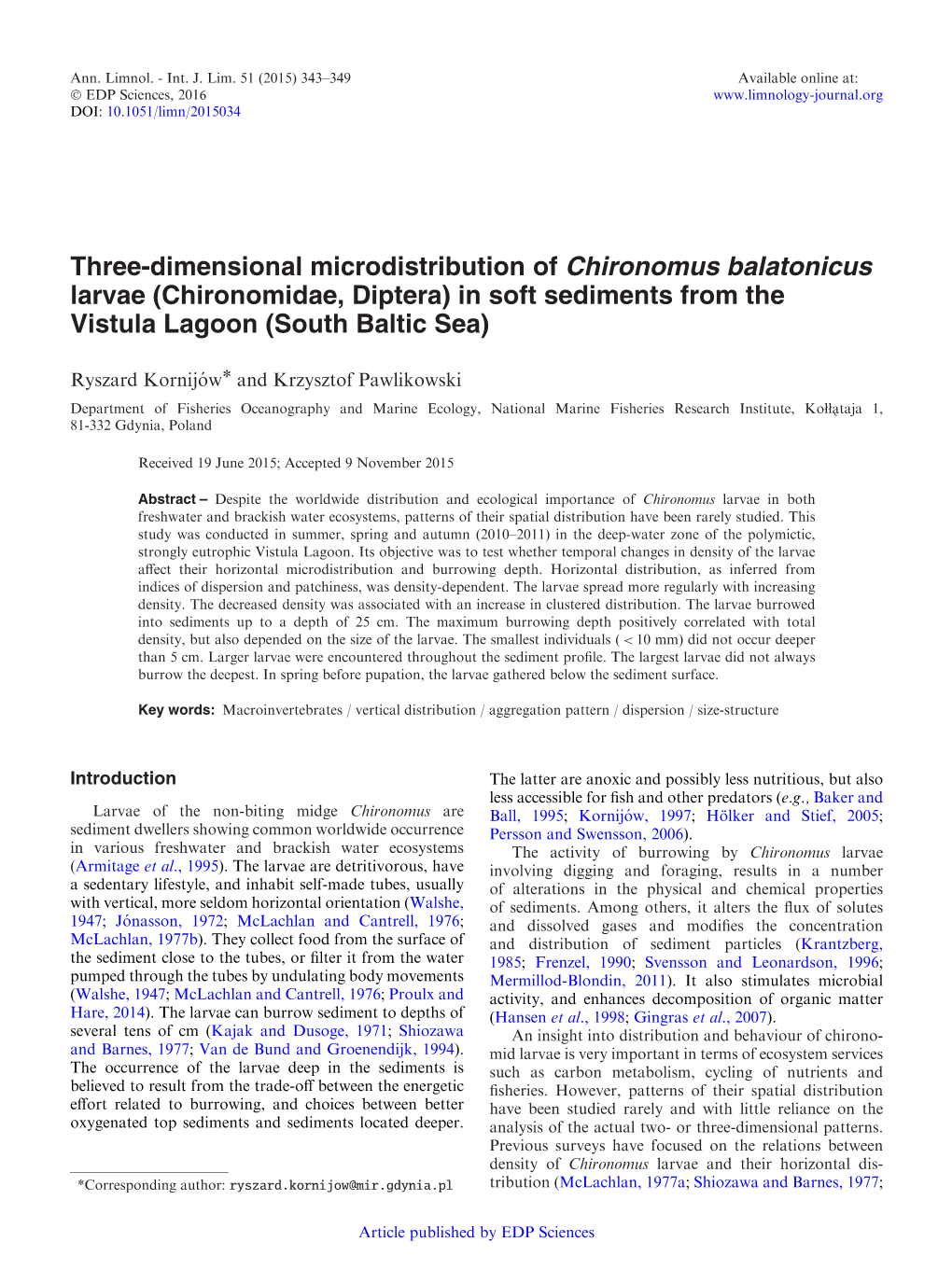 Three-Dimensional Microdistribution of Chironomus Balatonicus Larvae (Chironomidae, Diptera) in Soft Sediments from the Vistula Lagoon (South Baltic Sea)