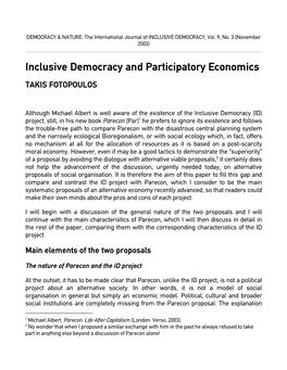 Inclusive Democracy and Participatory Economics TAKIS FOTOPOULOS