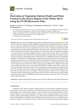 Derivation of Vegetation Optical Depth and Water Content in the Source Region of the Yellow River Using the FY-3B Microwave Data