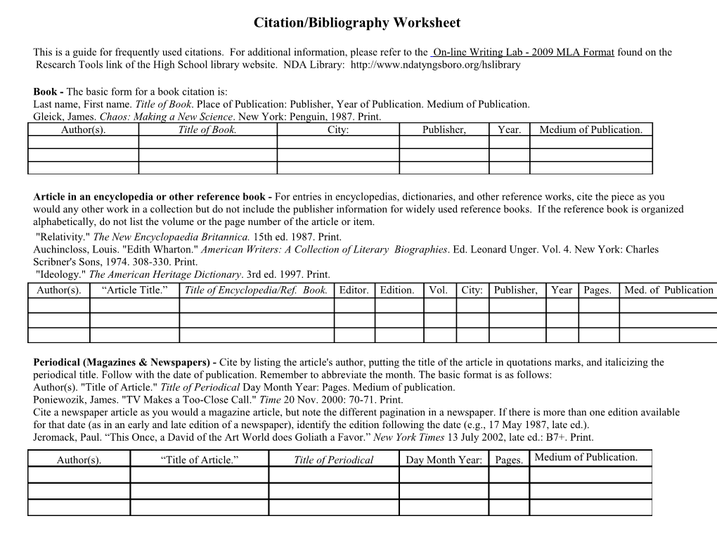 Citation/Bibliography Worksheet