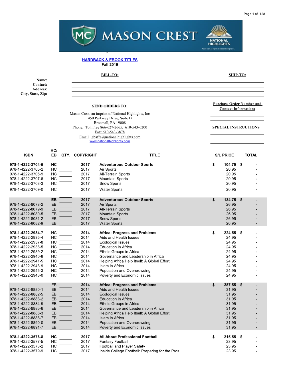 Isbn Eb Qty. Copyright Title S/L Price Total