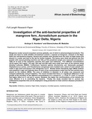 Investigation of the Anti-Bacterial Properties of Mangrove Fern, Acrostichum Aureum in the Niger Delta, Nigeria