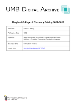 College of Pharmacy Catology 1891-1892