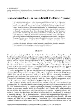 Lexicostatistical Studies in East Sudanic II: the Case of Nyimang