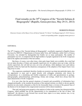 Final Remarks on the 39Th Congress of the “Società Italiana Di Biogeografia” (Rapallo, Genoa Province, May 29-31, 2013)
