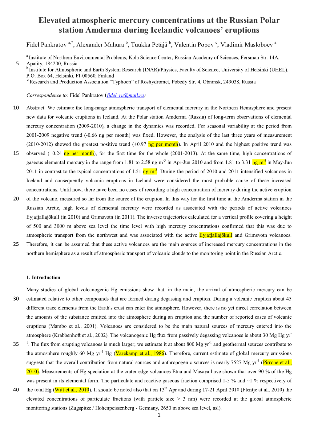 Elevated Atmospheric Mercury Concentrations at the Russian Polar Station Amderma During Icelandic Volcanoes' Eruptions