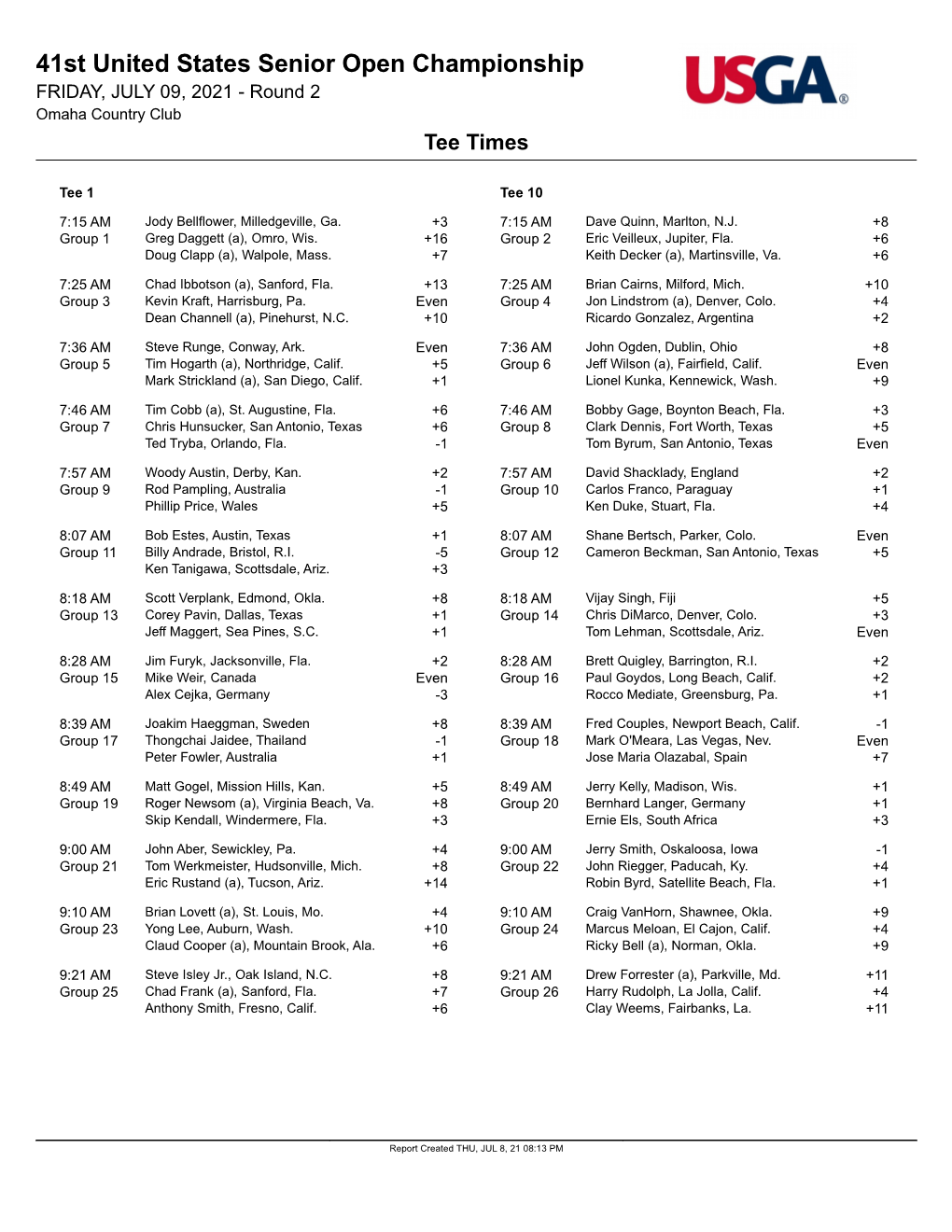 41St United States Senior Open Championship FRIDAY, JULY 09, 2021 - Round 2 Omaha Country Club Tee Times