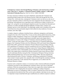 Contemporary Women's Roles Through Hmong, Vietnamese, and American Eyes; Critical Essay, Long, Lisa A