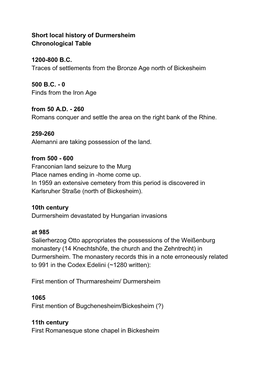 Short Local History of Durmersheim Chronological Table 1200-800 B.C. Traces of Settlements from the Bronze Age North of Bickeshe