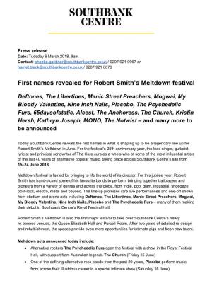 First Names Revealed for Robert Smith's Meltdown Festival
