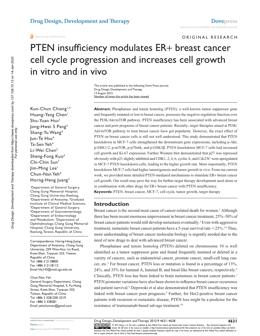 PTEN Insufficiency Modulates ER+ Breast Cancer Cell Cycle Progression and Increases Cell Growth in Vitro and in Vivo