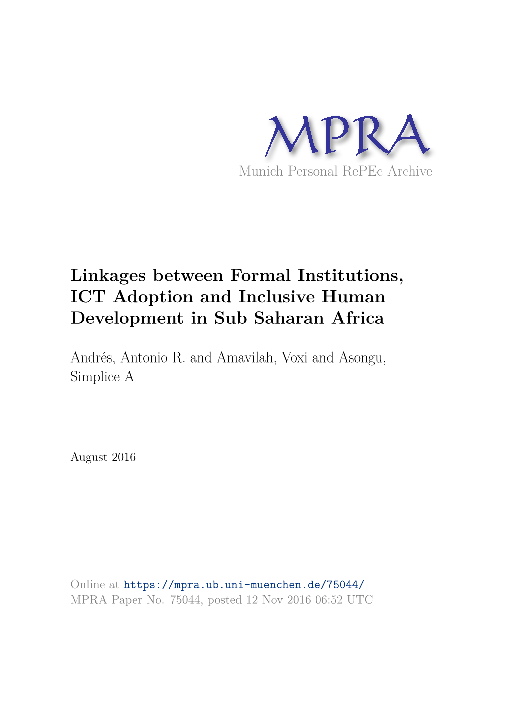 Linkages Between Formal Institutions, ICT Adoption and Inclusive Human Development in Sub Saharan Africa