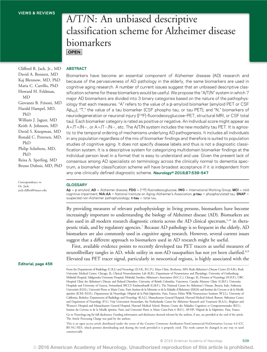 A/T/N: an Unbiased Descriptive Classification Scheme for Alzheimer Disease Biomarkers