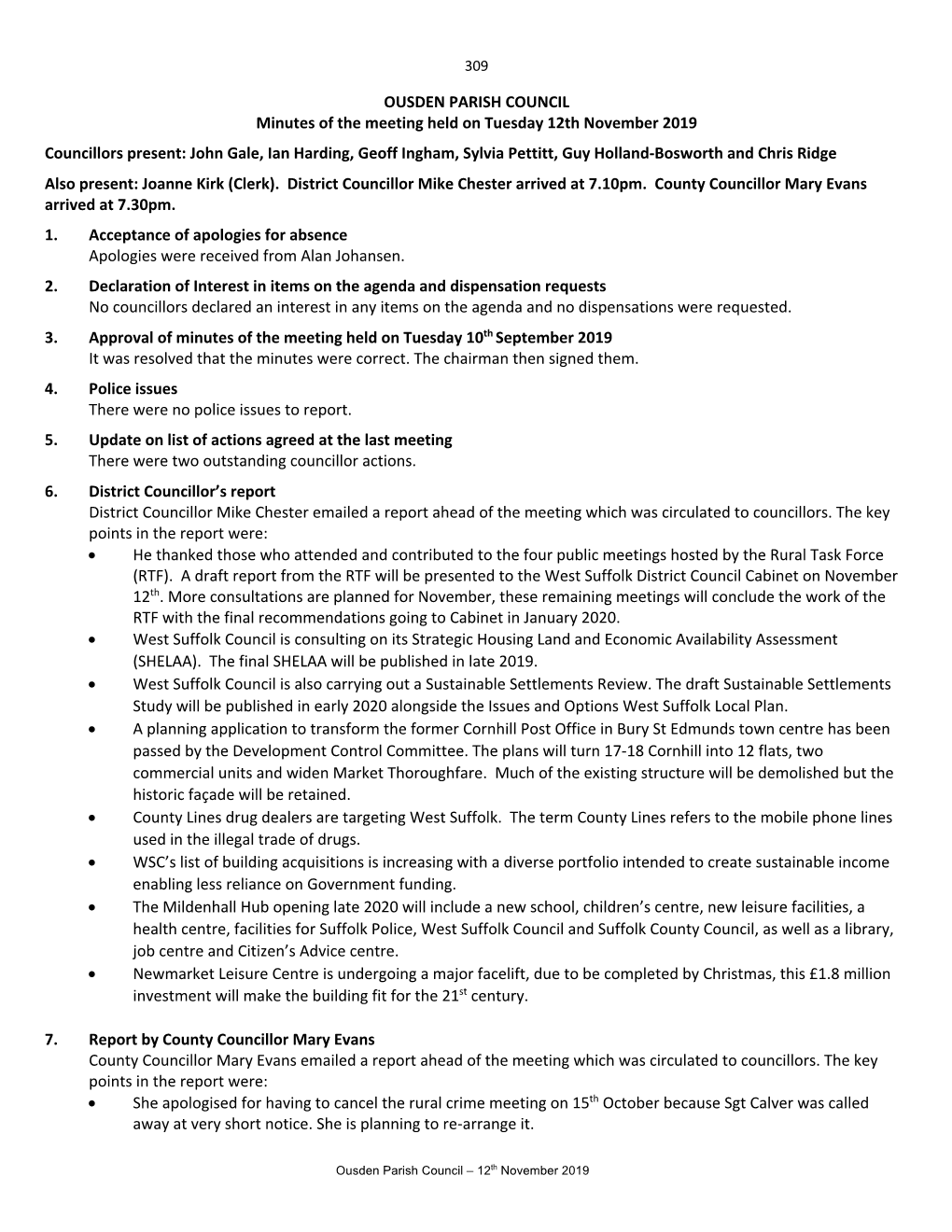 OUSDEN PARISH COUNCIL Minutes of the Meeting Held on Tuesday 12Th November 2019