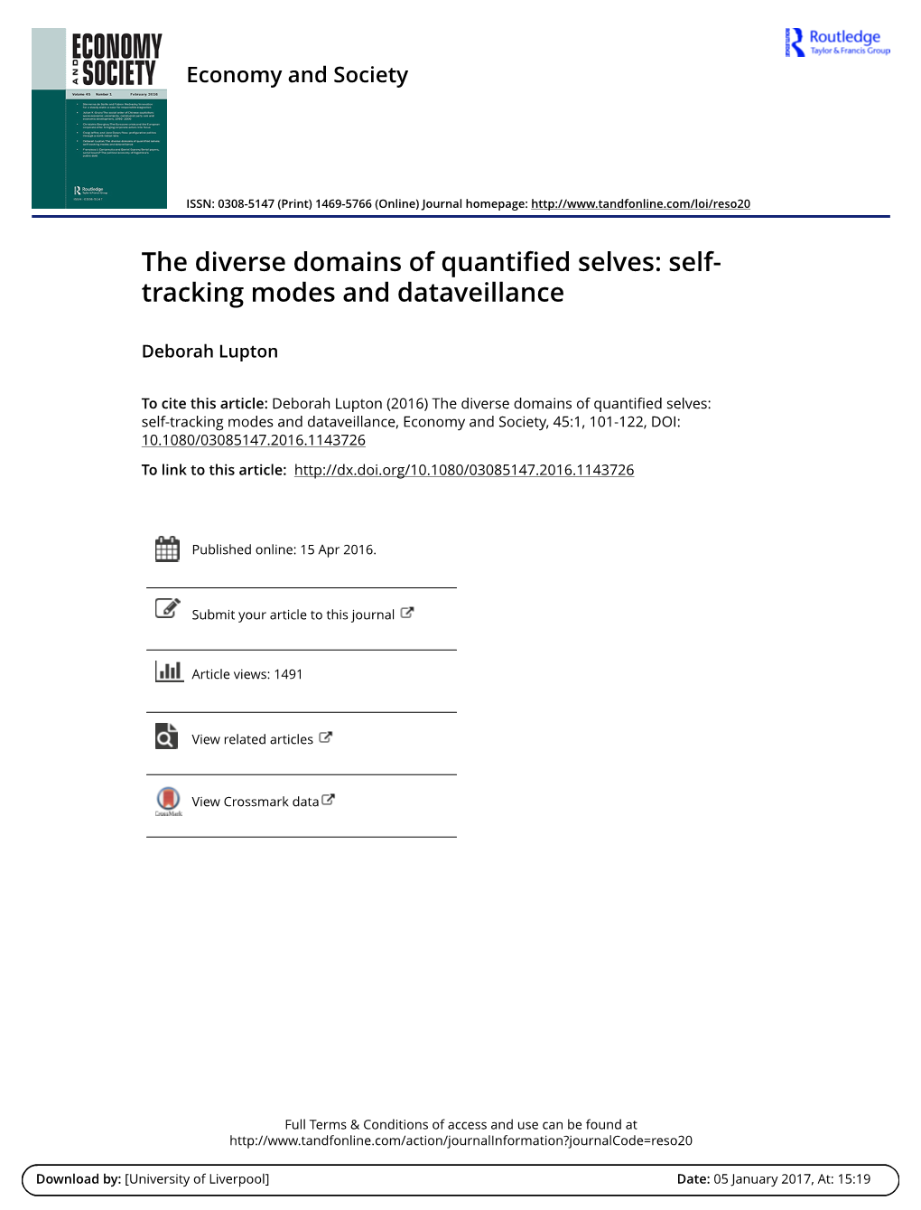 The Diverse Domains of Quantified Selves: Self-Tracking Modes and Dataveillance, Economy and Society, 45:1, 101-122, DOI: 10.1080/03085147.2016.1143726
