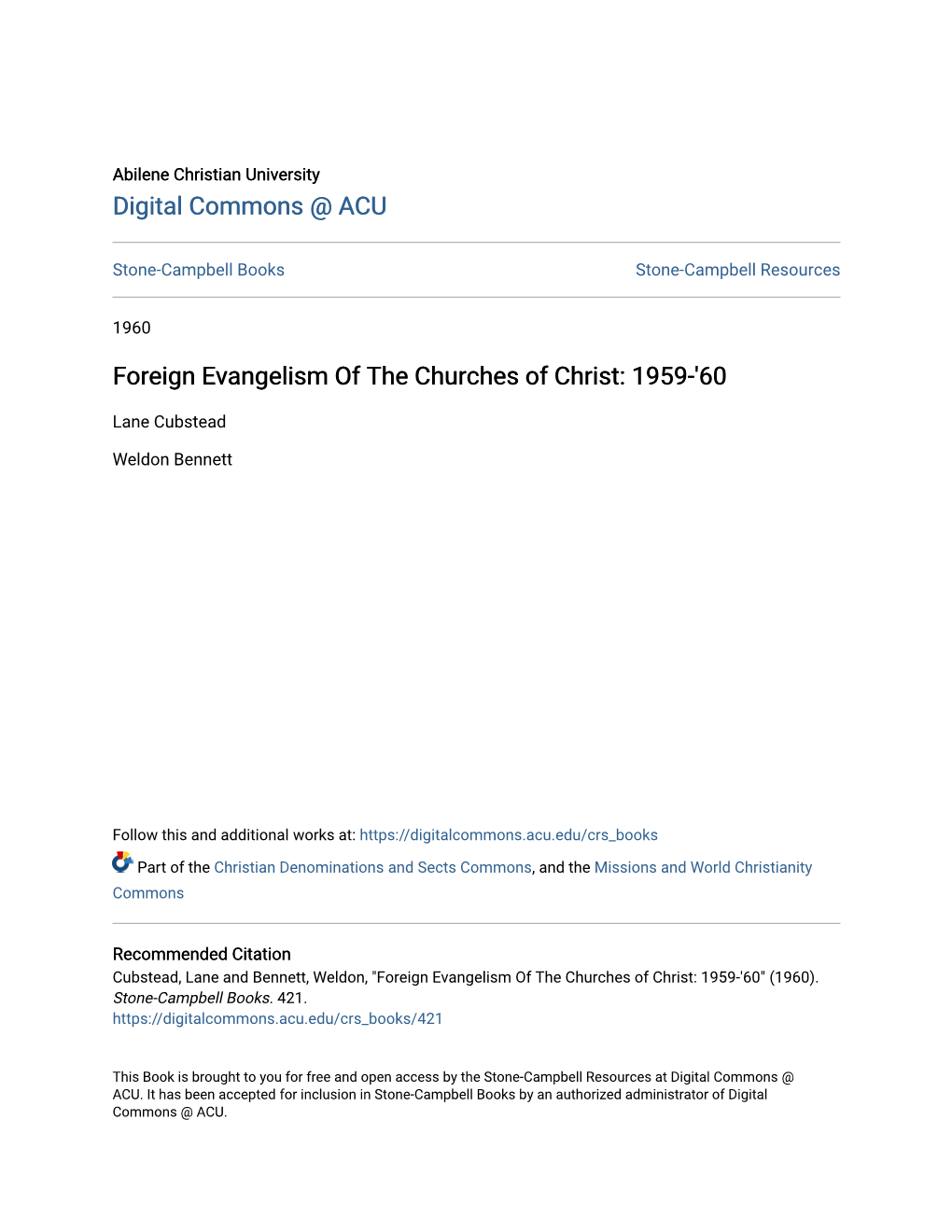 Foreign Evangelism of the Churches of Christ: 1959-'60