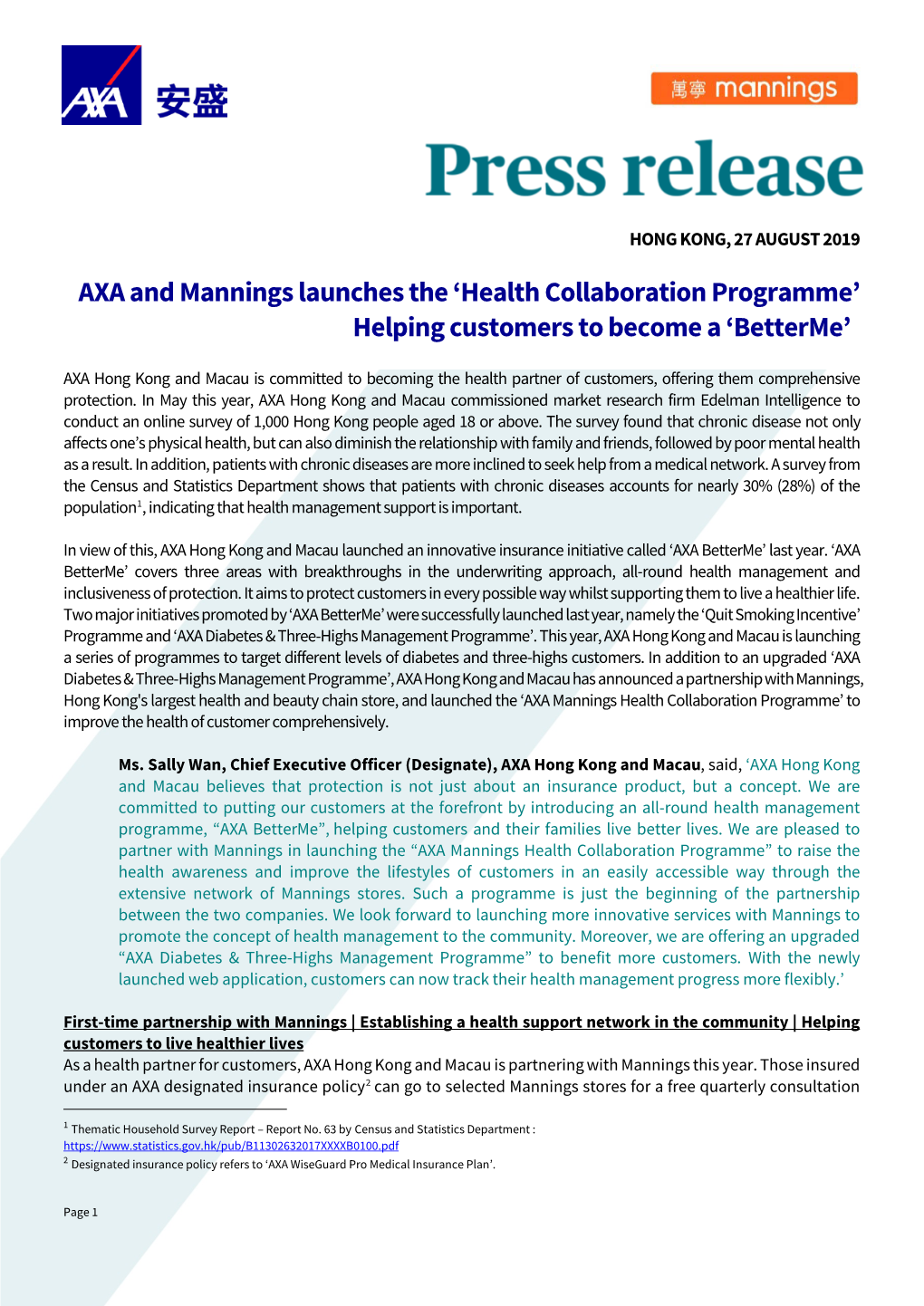 AXA and Mannings Launches the 'Health Collaboration Programme'