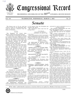 Congressional Record United States Th of America PROCEEDINGS and DEBATES of the 107 CONGRESS, SECOND SESSION