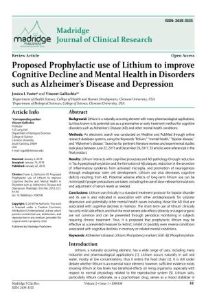 Proposed Prophylactic Use of Lithium to Improve Cognitive Decline And