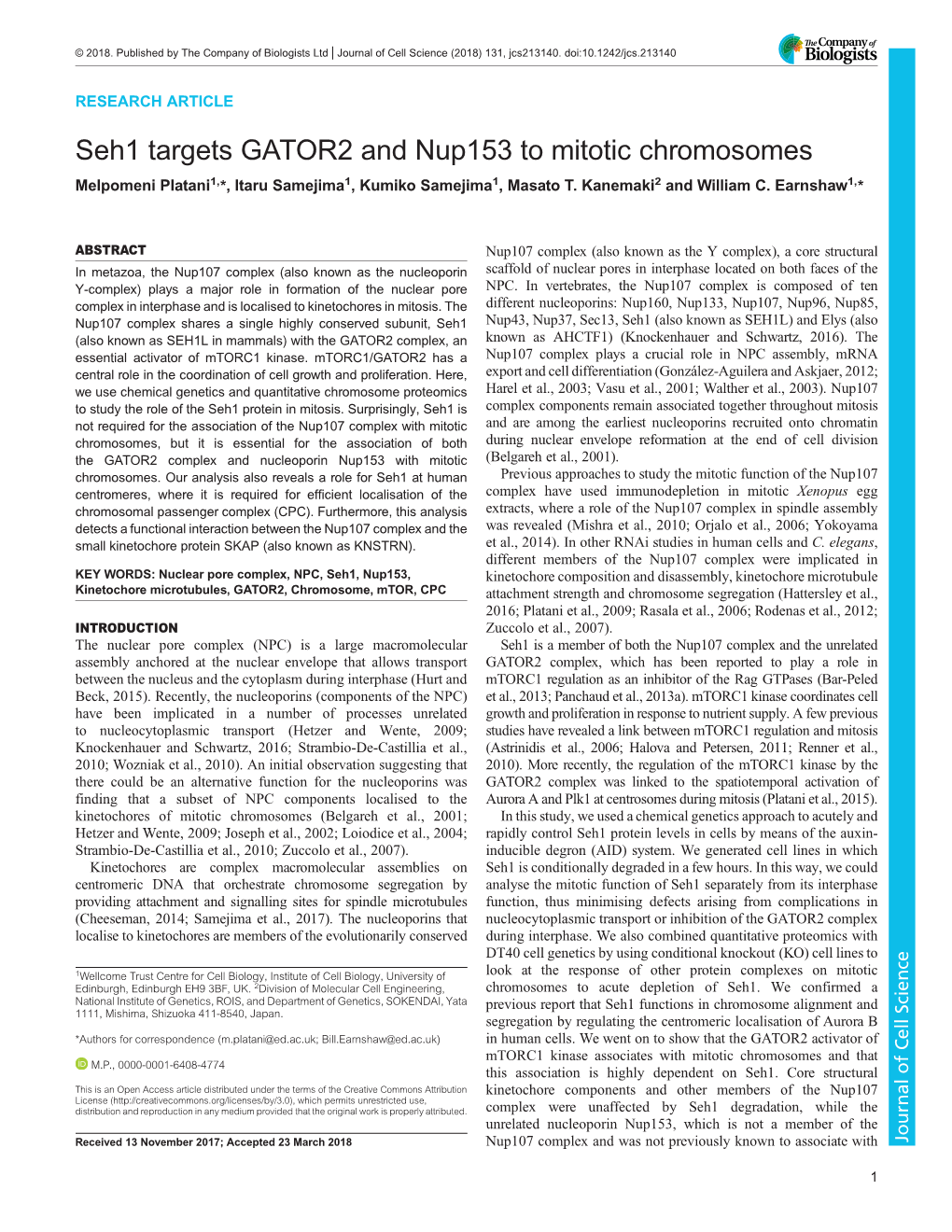 Seh1 Targets GATOR2 and Nup153 to Mitotic Chromosomes Melpomeni Platani1,*, Itaru Samejima1, Kumiko Samejima1, Masato T