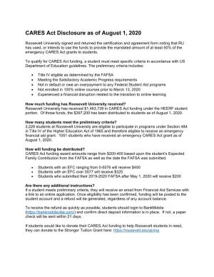 CARES Act Disclosure As of August 1, 2020