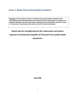 Master Plan for Strengthening the HIV, Tuberculosis and Malaria Response in the Bolivarian Republic of Venezuela from a Public Health Perspective