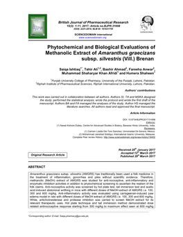 Phytochemical and Biological Evaluations of Methanolic Extract of Amaranthus Graecizans Subsp